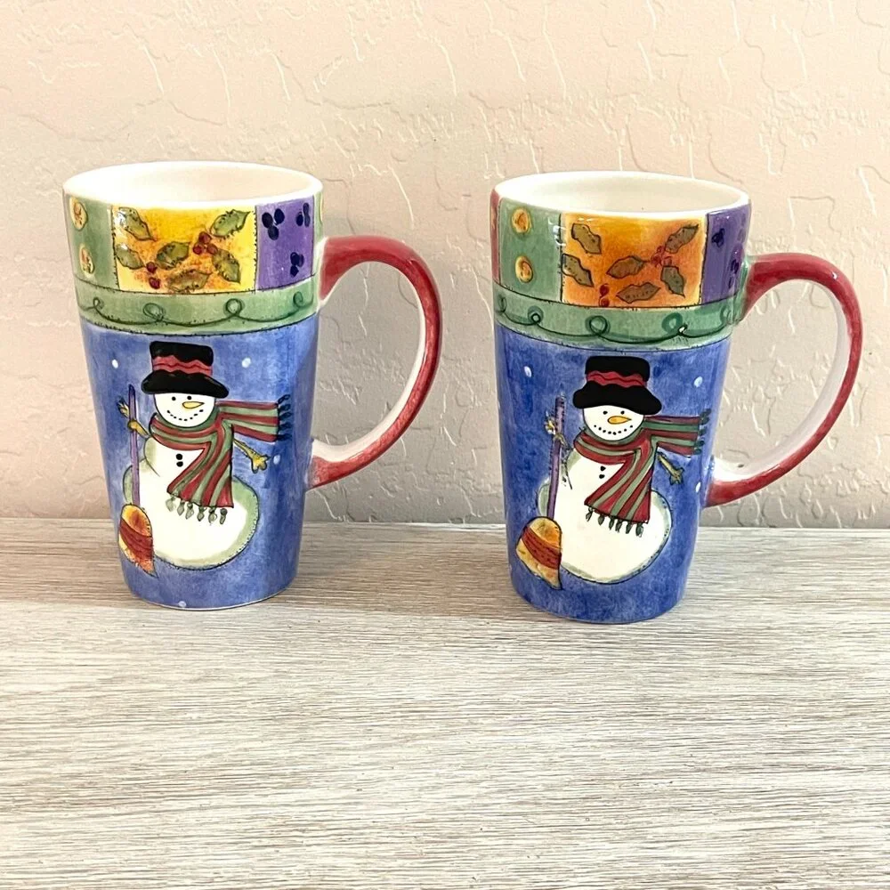 The Sweet Shoppe Christmas Mugs Cups Set of 2 Tall Holiday Snowman Sango
